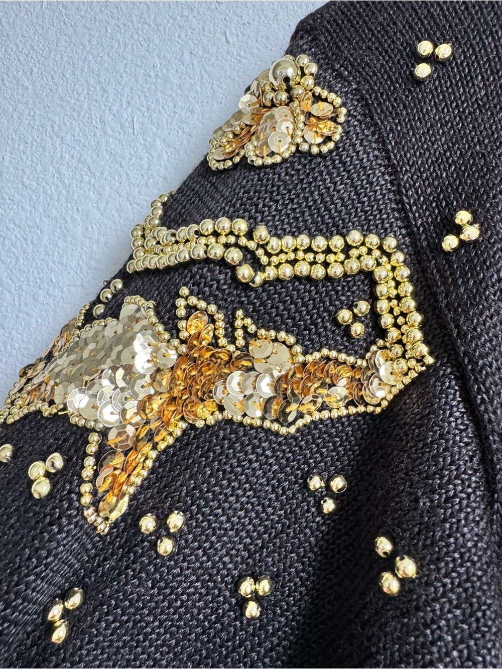 Diane Freis Black Sweater with Gold Sequin Floral Embellishment - Picture 3 of 9